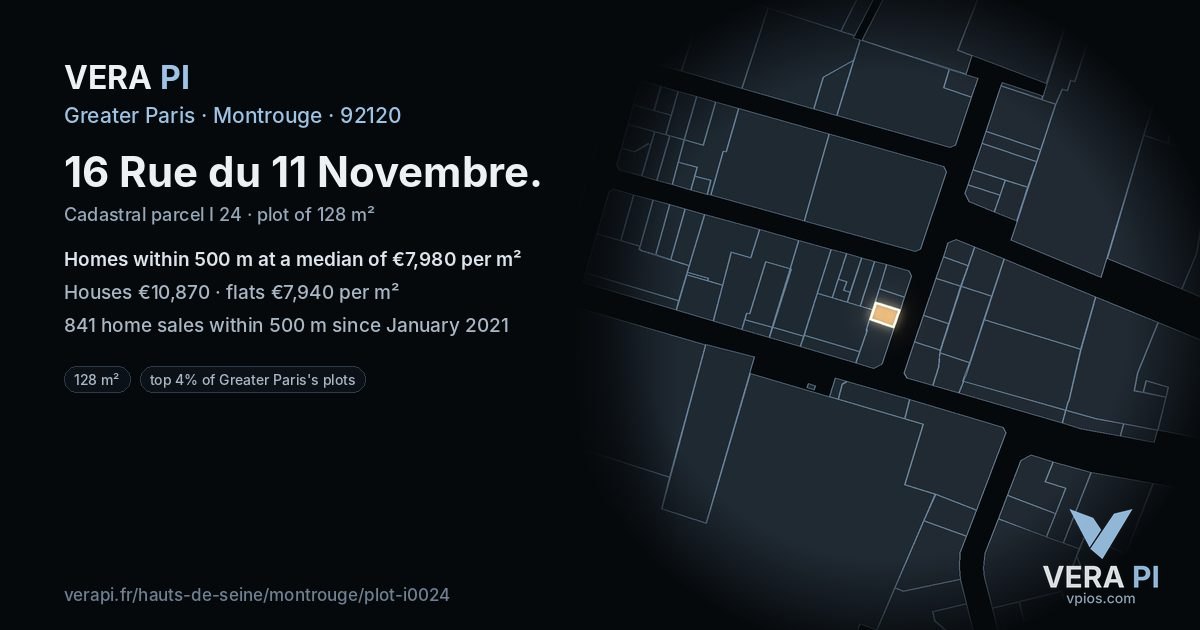 16 Rue du 11 Novembre, Montrouge at night – the plot lit, the parcels around coloured by the prices near them