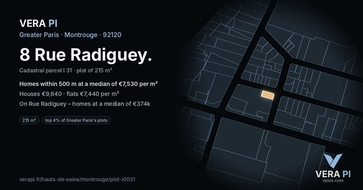 8 Rue Radiguey, Montrouge at night – the plot lit, the parcels around coloured by the prices near them