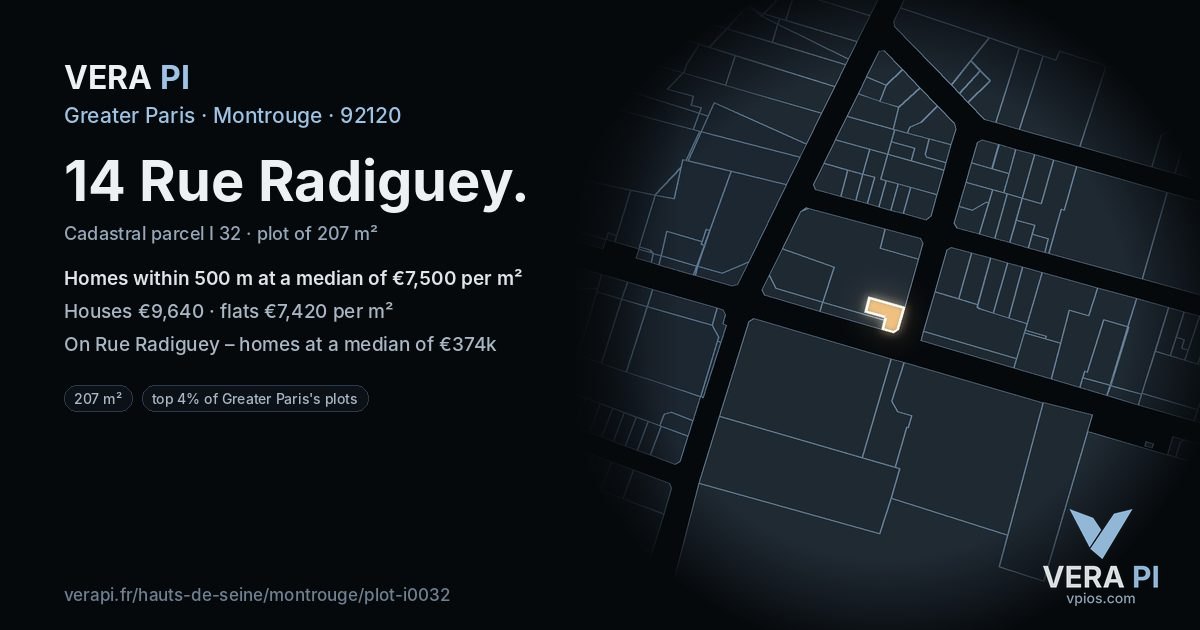 14 Rue Radiguey, Montrouge at night – the plot lit, the parcels around coloured by the prices near them