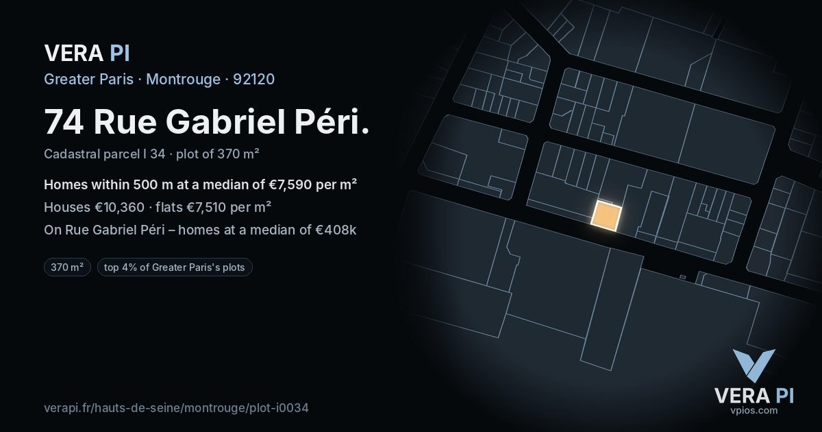 74 Rue Gabriel Péri, Montrouge at night – the plot lit, the parcels around coloured by the prices near them