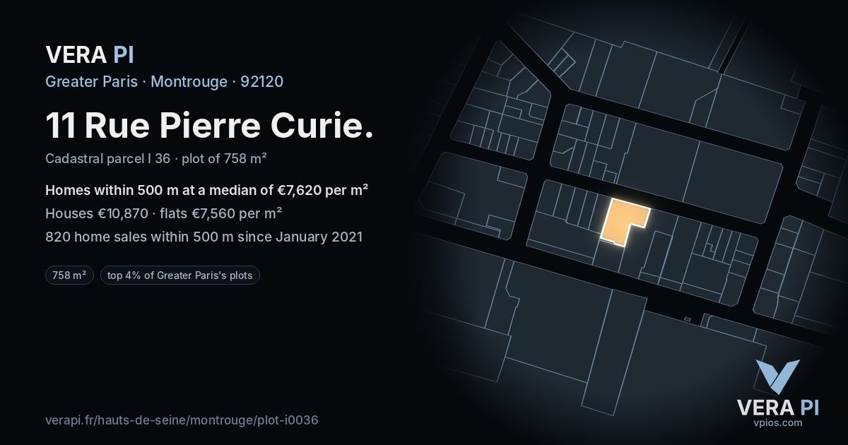 11 Rue Pierre Curie, Montrouge at night – the plot lit, the parcels around coloured by the prices near them