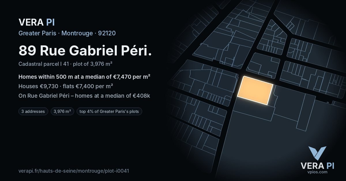 89 Rue Gabriel Péri, Montrouge at night – the plot lit, the parcels around coloured by the prices near them