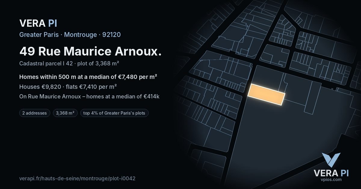 49 Rue Maurice Arnoux, Montrouge at night – the plot lit, the parcels around coloured by the prices near them