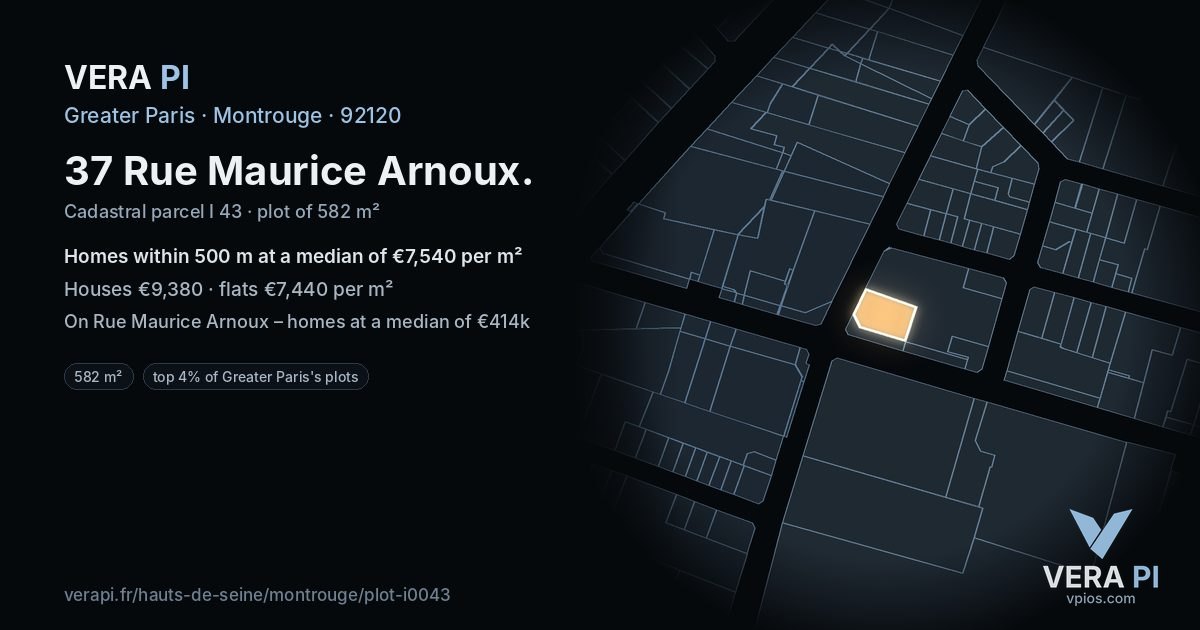 37 Rue Maurice Arnoux, Montrouge at night – the plot lit, the parcels around coloured by the prices near them
