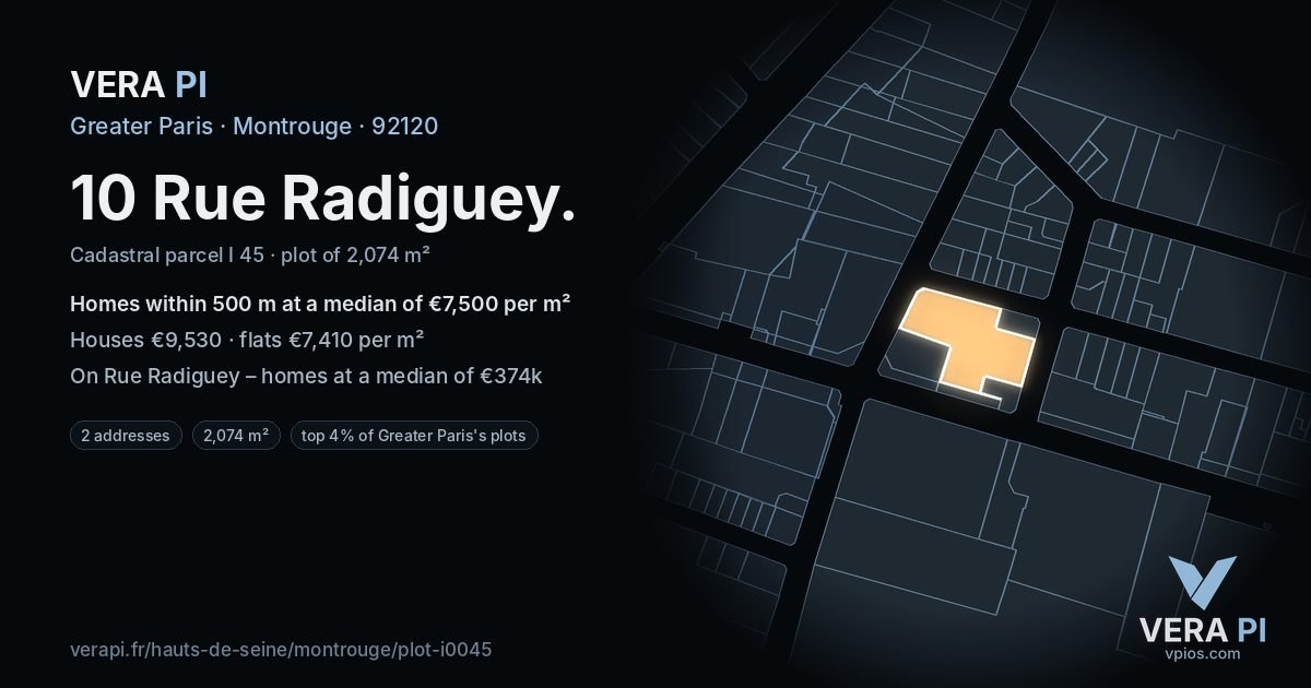 10 Rue Radiguey, Montrouge at night – the plot lit, the parcels around coloured by the prices near them