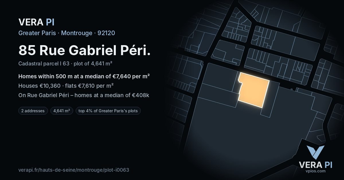 85 Rue Gabriel Péri, Montrouge at night – the plot lit, the parcels around coloured by the prices near them