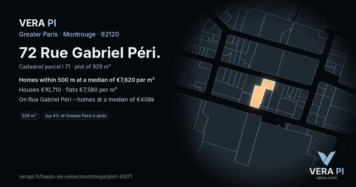 72 Rue Gabriel Péri, Montrouge at night – the plot lit, the parcels around coloured by the prices near them
