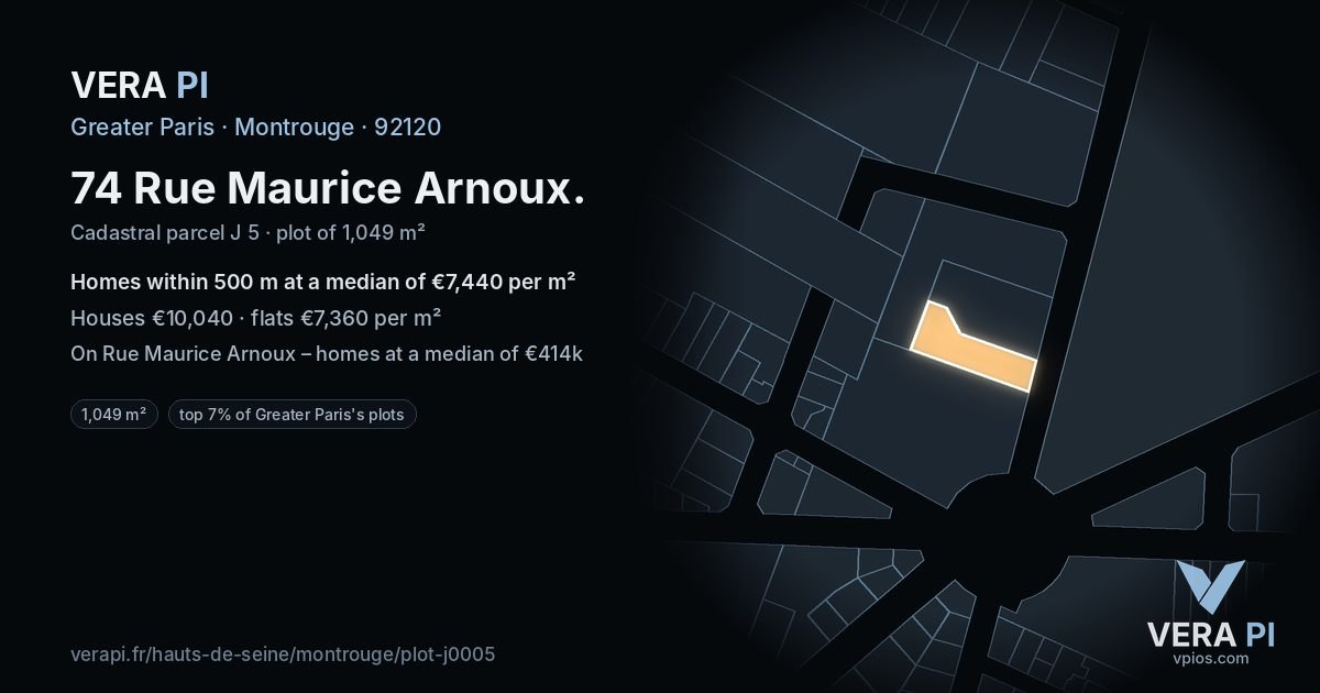 74 Rue Maurice Arnoux, Montrouge at night – the plot lit, the parcels around coloured by the prices near them