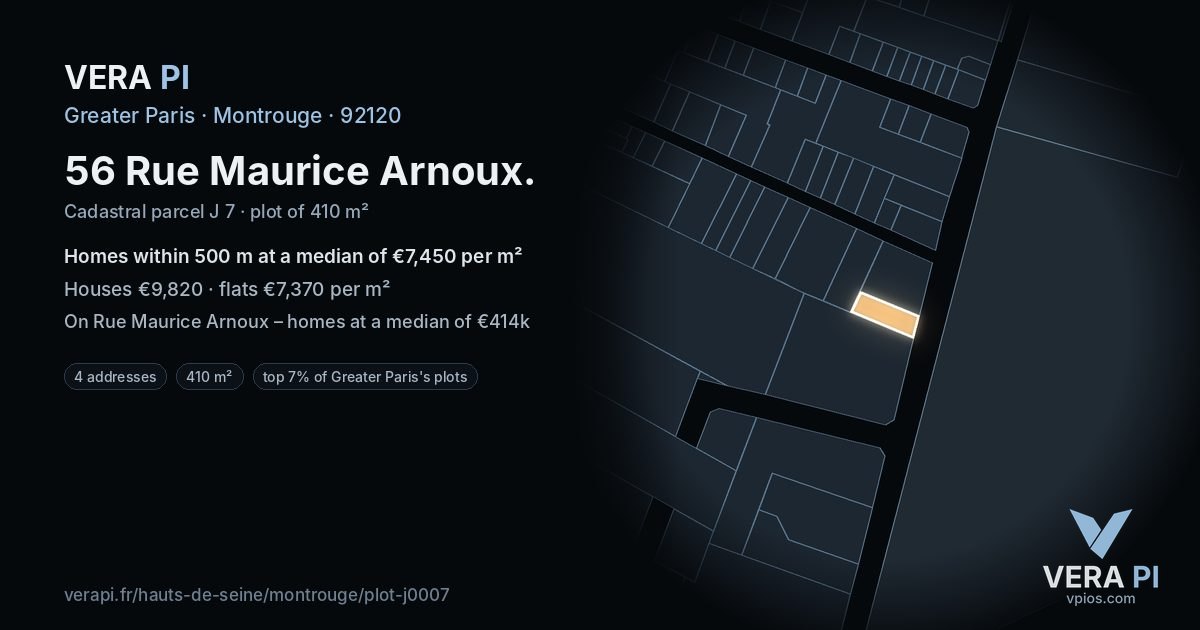 56 Rue Maurice Arnoux, Montrouge at night – the plot lit, the parcels around coloured by the prices near them