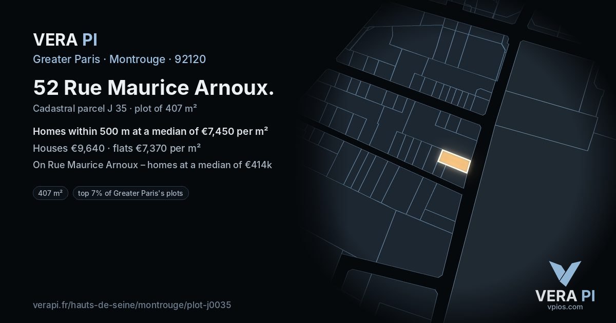 52 Rue Maurice Arnoux, Montrouge at night – the plot lit, the parcels around coloured by the prices near them