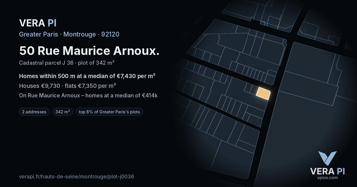 50 Rue Maurice Arnoux, Montrouge at night – the plot lit, the parcels around coloured by the prices near them