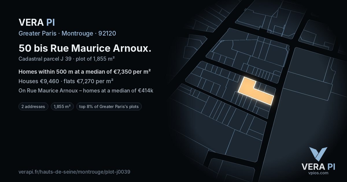 50 bis Rue Maurice Arnoux, Montrouge at night – the plot lit, the parcels around coloured by the prices near them