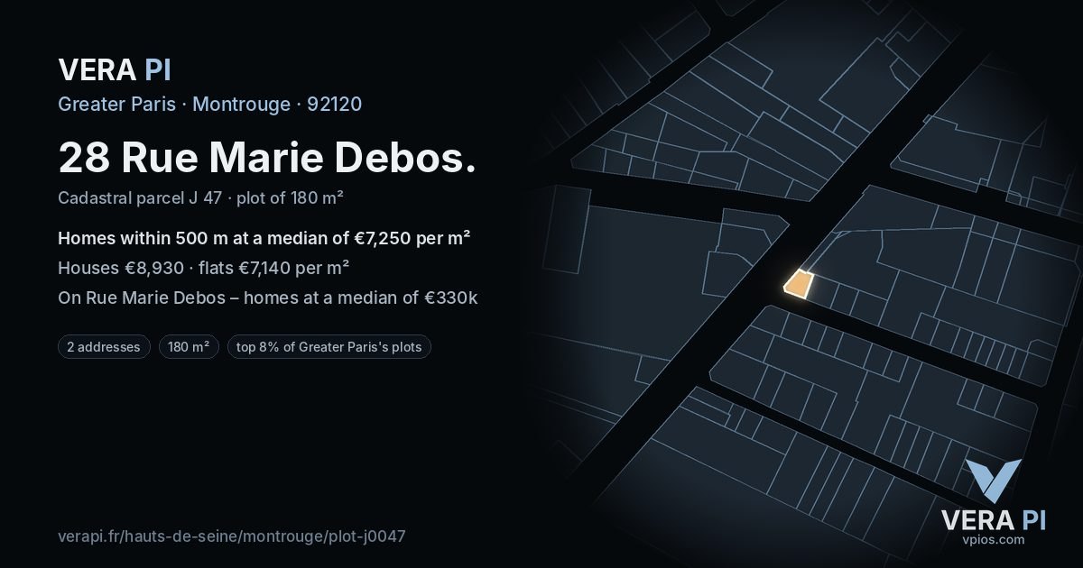 28 Rue Marie Debos, Montrouge at night – the plot lit, the parcels around coloured by the prices near them