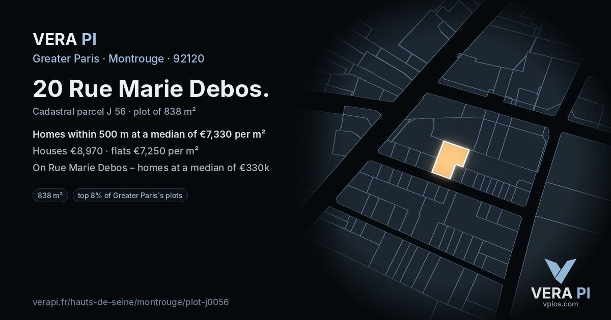 20 Rue Marie Debos, Montrouge at night – the plot lit, the parcels around coloured by the prices near them