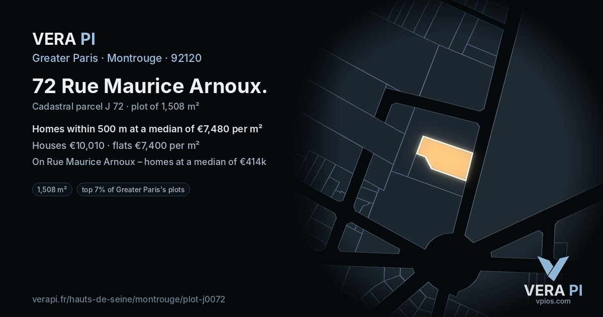 72 Rue Maurice Arnoux, Montrouge at night – the plot lit, the parcels around coloured by the prices near them