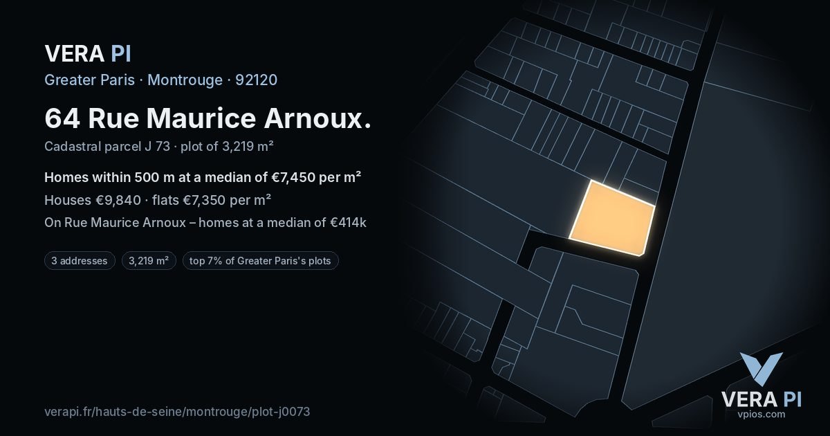 64 Rue Maurice Arnoux, Montrouge at night – the plot lit, the parcels around coloured by the prices near them