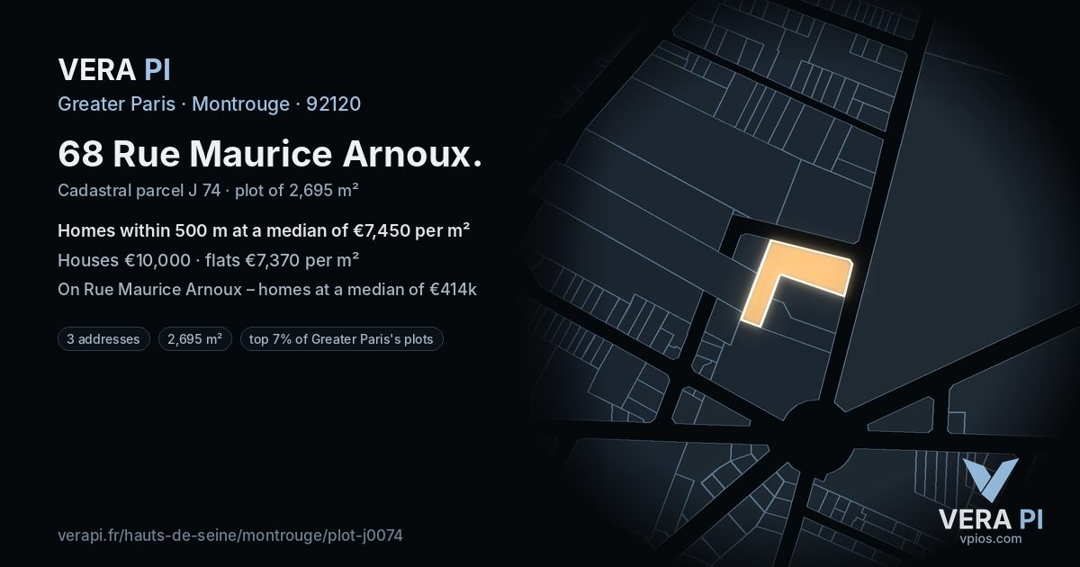 68 Rue Maurice Arnoux, Montrouge at night – the plot lit, the parcels around coloured by the prices near them