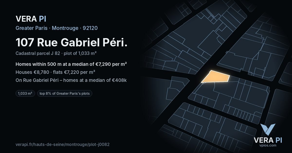 107 Rue Gabriel Péri, Montrouge at night – the plot lit, the parcels around coloured by the prices near them