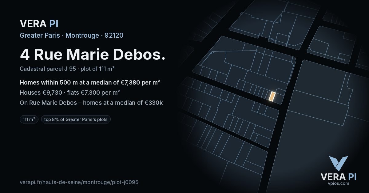 4 Rue Marie Debos, Montrouge at night – the plot lit, the parcels around coloured by the prices near them
