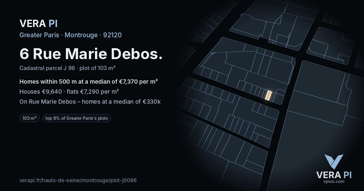 6 Rue Marie Debos, Montrouge at night – the plot lit, the parcels around coloured by the prices near them