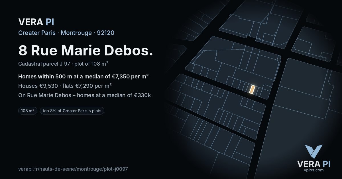 8 Rue Marie Debos, Montrouge at night – the plot lit, the parcels around coloured by the prices near them
