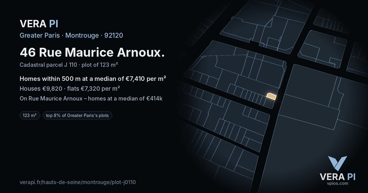 46 Rue Maurice Arnoux, Montrouge at night – the plot lit, the parcels around coloured by the prices near them