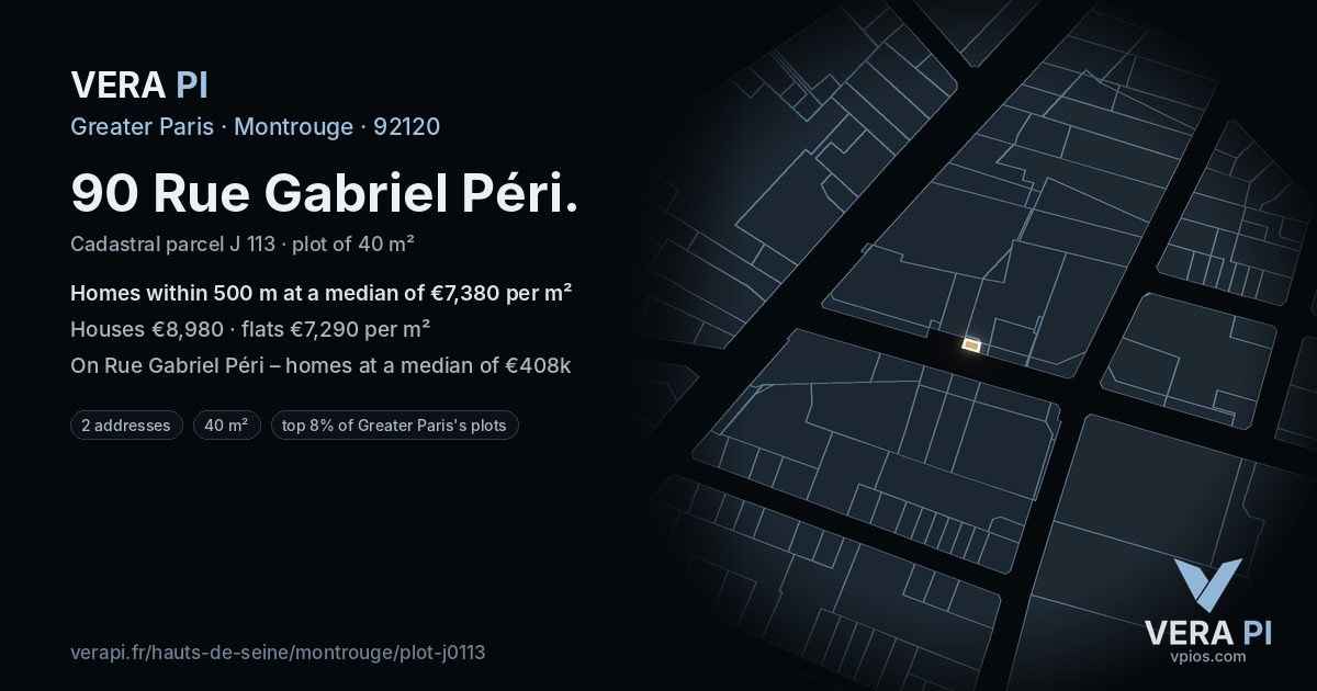 90 Rue Gabriel Péri, Montrouge at night – the plot lit, the parcels around coloured by the prices near them