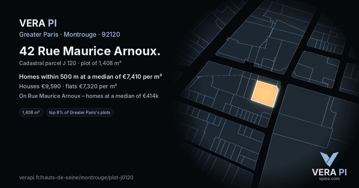 42 Rue Maurice Arnoux, Montrouge at night – the plot lit, the parcels around coloured by the prices near them