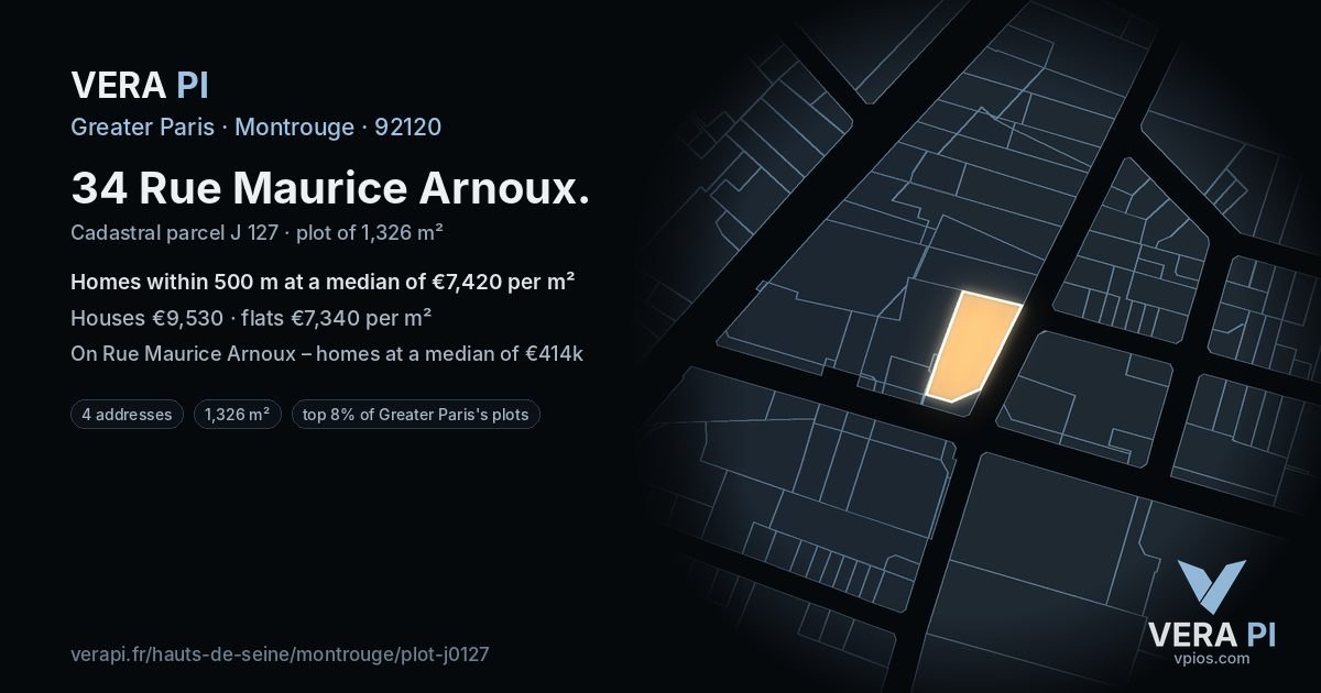 34 Rue Maurice Arnoux, Montrouge at night – the plot lit, the parcels around coloured by the prices near them