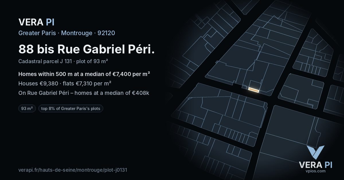 88 bis Rue Gabriel Péri, Montrouge at night – the plot lit, the parcels around coloured by the prices near them