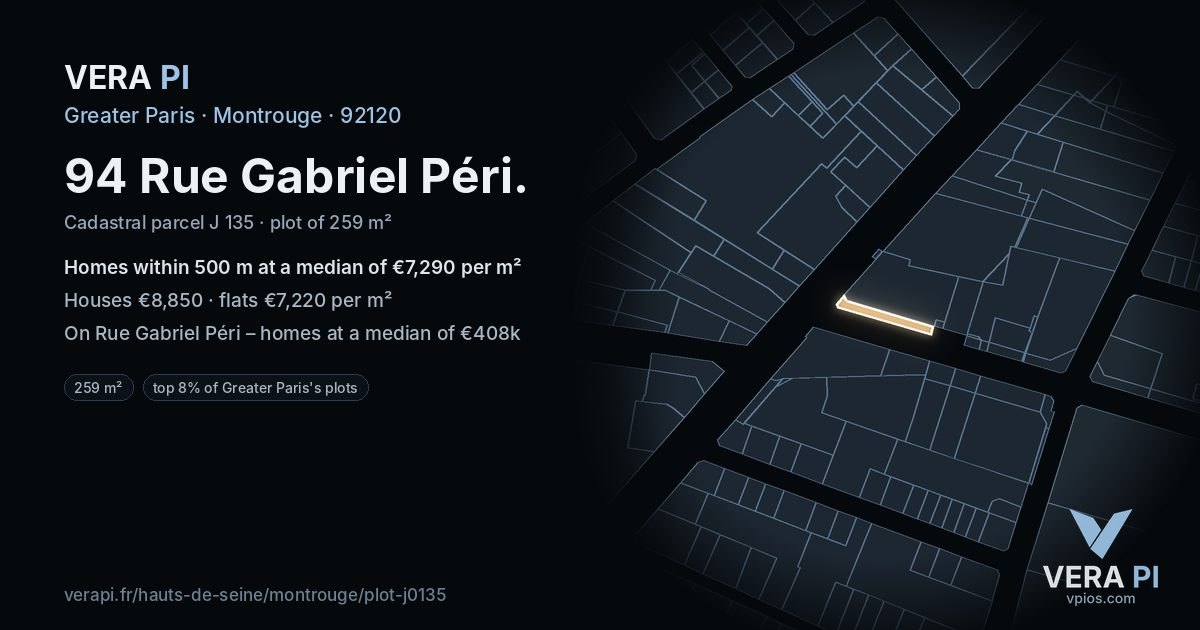 94 Rue Gabriel Péri, Montrouge at night – the plot lit, the parcels around coloured by the prices near them