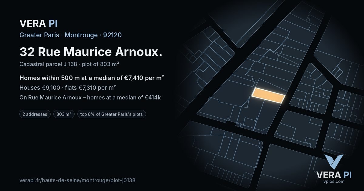 32 Rue Maurice Arnoux, Montrouge at night – the plot lit, the parcels around coloured by the prices near them