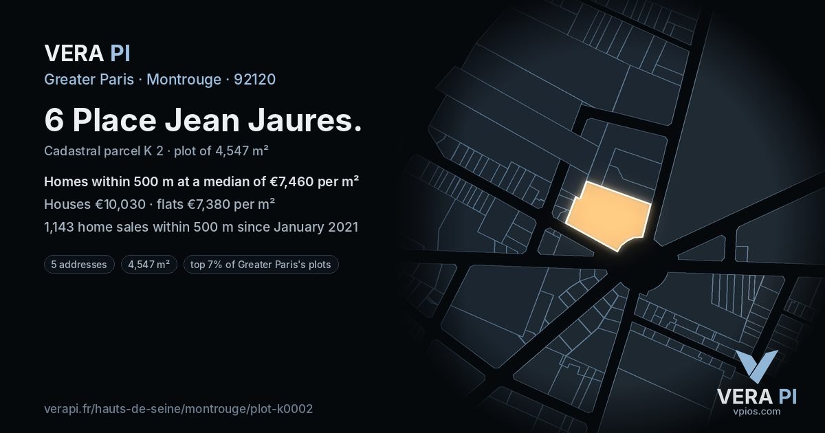 6 Place Jean Jaures, Montrouge at night – the plot lit, the parcels around coloured by the prices near them