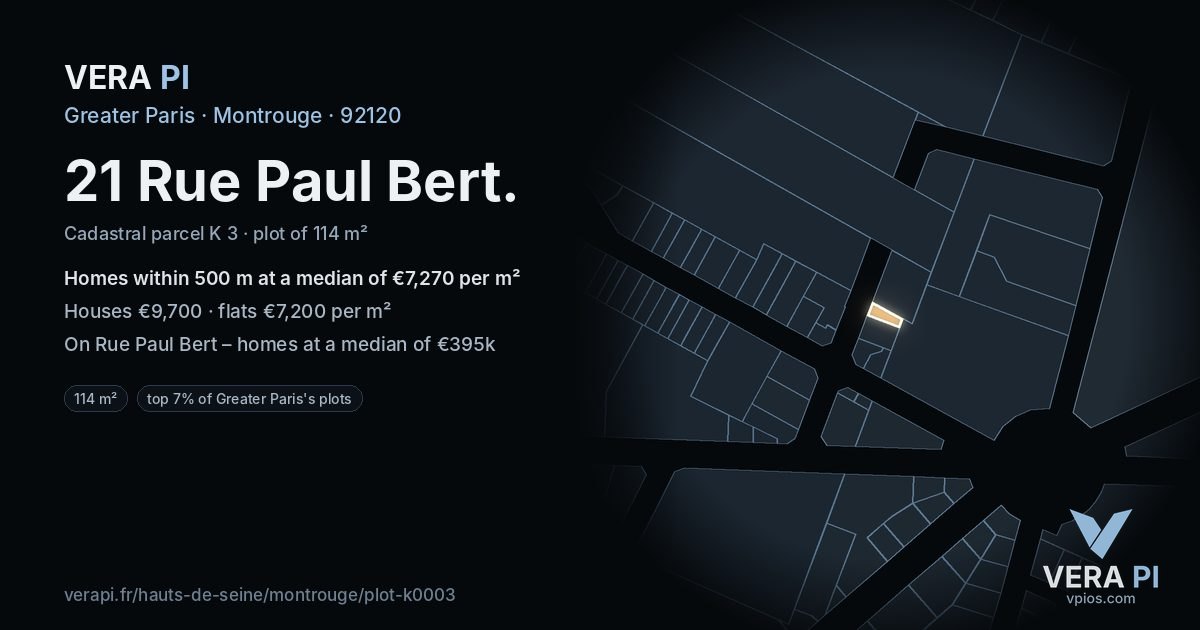21 Rue Paul Bert, Montrouge at night – the plot lit, the parcels around coloured by the prices near them