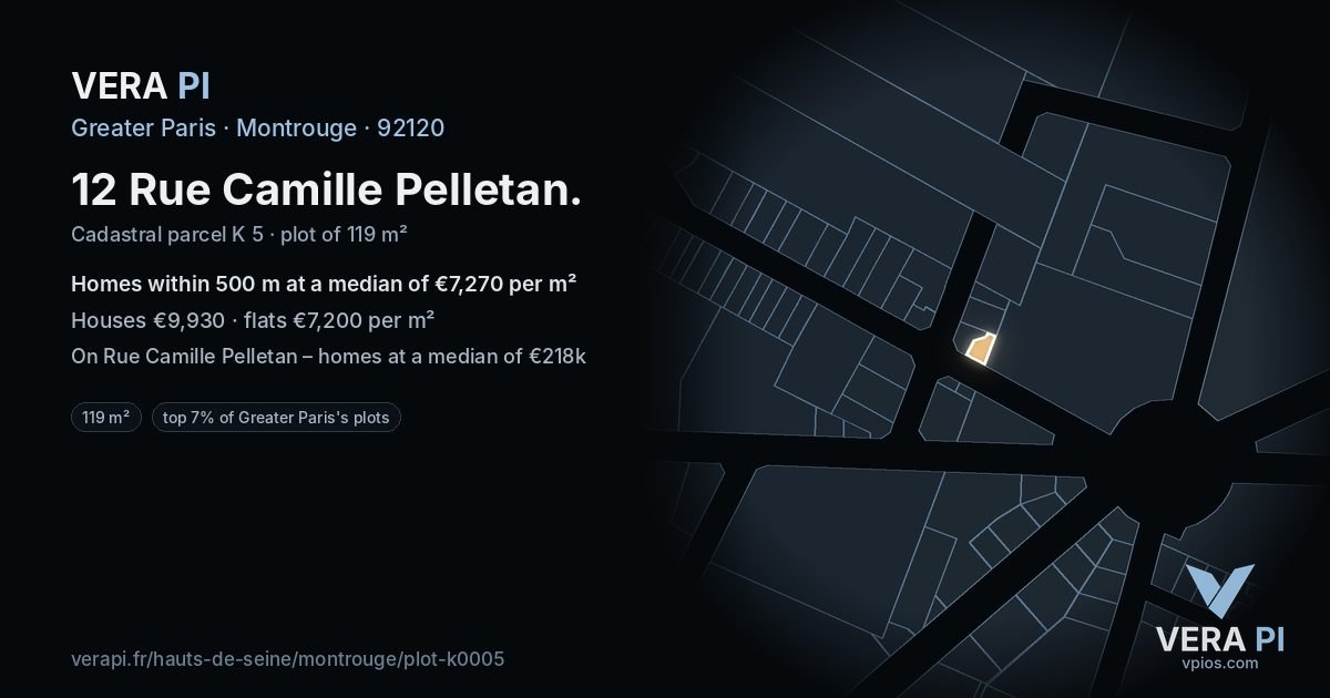 12 Rue Camille Pelletan, Montrouge at night – the plot lit, the parcels around coloured by the prices near them