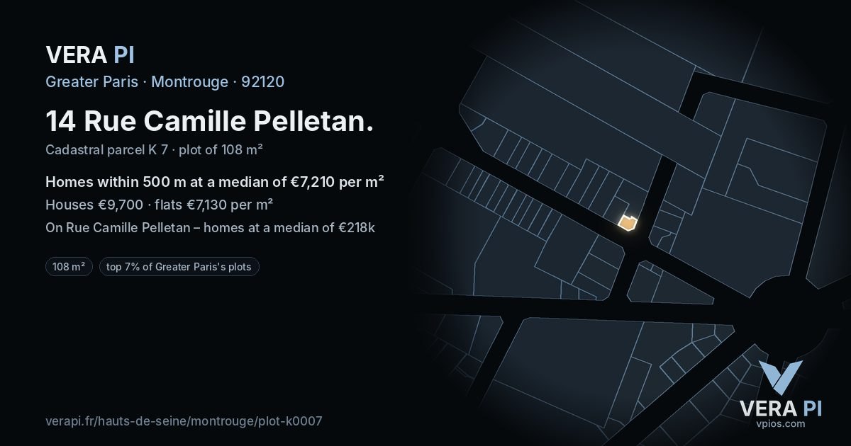 14 Rue Camille Pelletan, Montrouge at night – the plot lit, the parcels around coloured by the prices near them