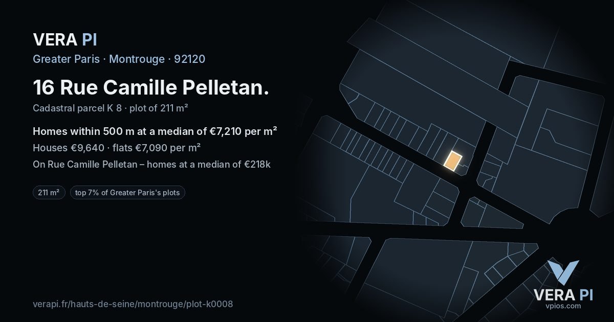 16 Rue Camille Pelletan, Montrouge at night – the plot lit, the parcels around coloured by the prices near them