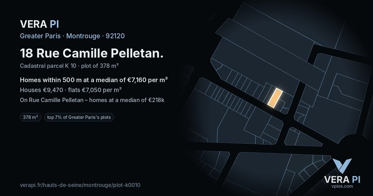 18 Rue Camille Pelletan, Montrouge at night – the plot lit, the parcels around coloured by the prices near them
