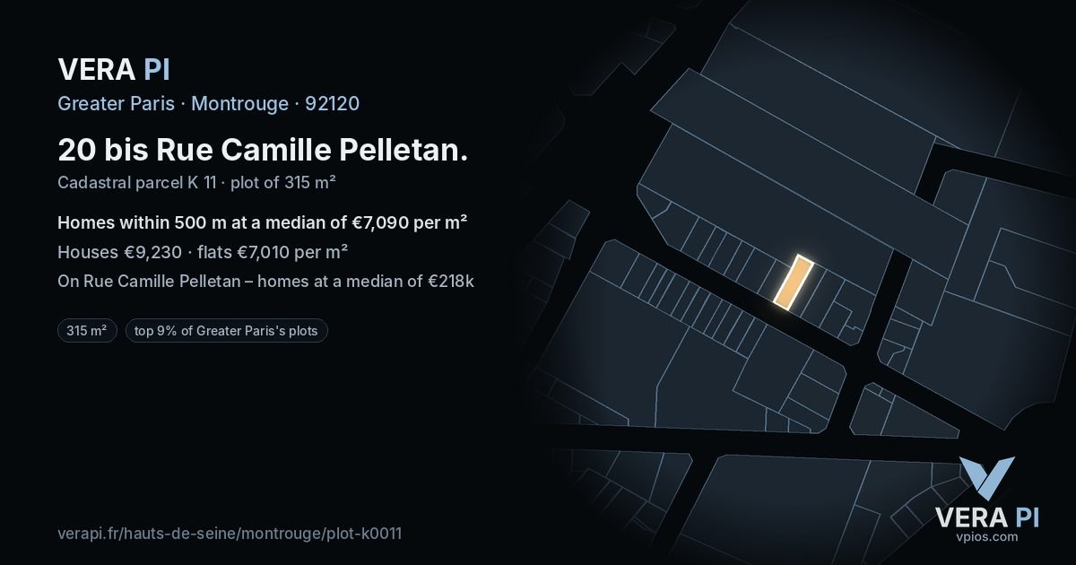 20 bis Rue Camille Pelletan, Montrouge at night – the plot lit, the parcels around coloured by the prices near them