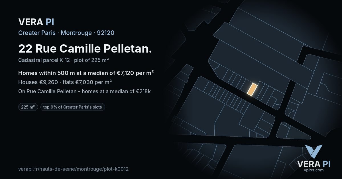 22 Rue Camille Pelletan, Montrouge at night – the plot lit, the parcels around coloured by the prices near them