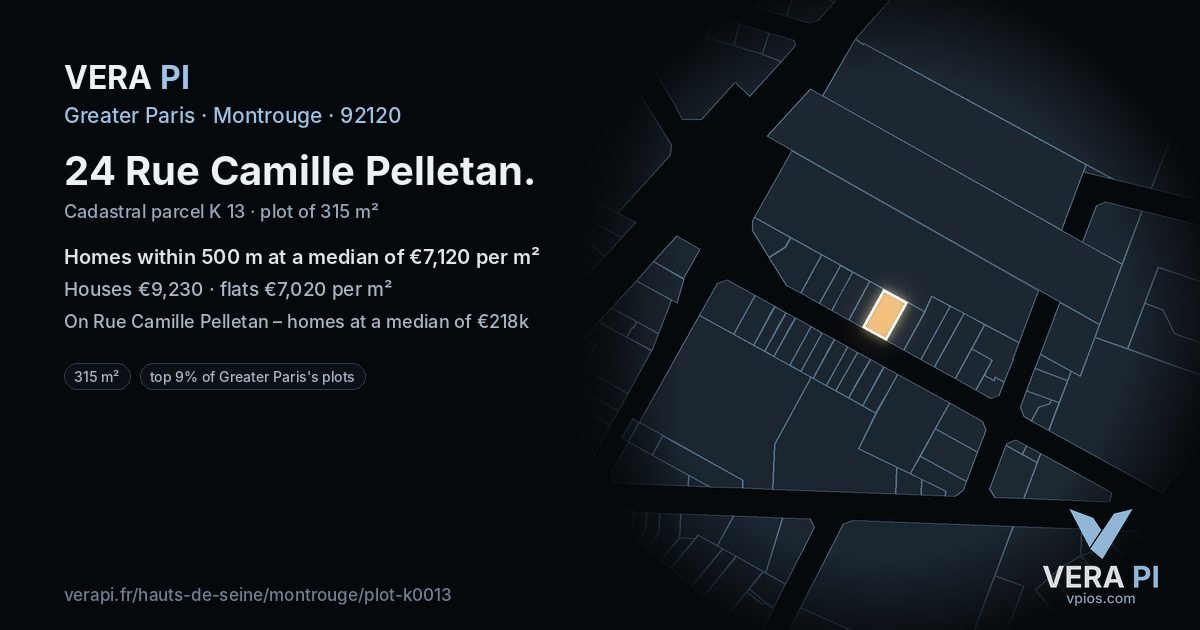 24 Rue Camille Pelletan, Montrouge at night – the plot lit, the parcels around coloured by the prices near them