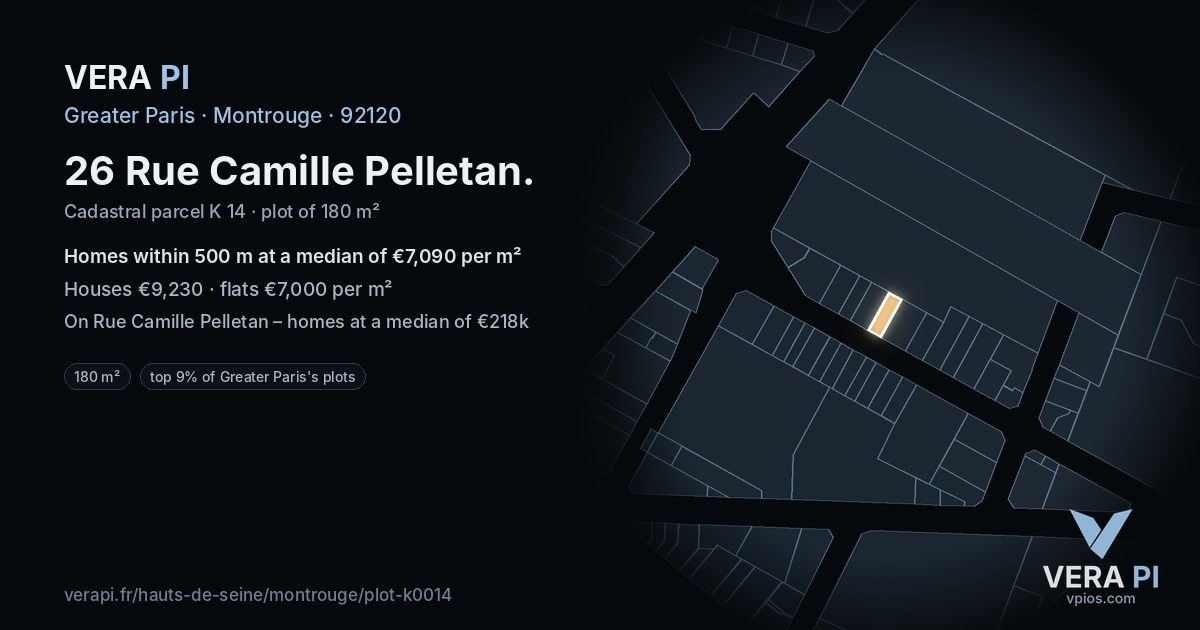 26 Rue Camille Pelletan, Montrouge at night – the plot lit, the parcels around coloured by the prices near them