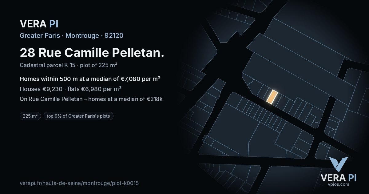 28 Rue Camille Pelletan, Montrouge at night – the plot lit, the parcels around coloured by the prices near them