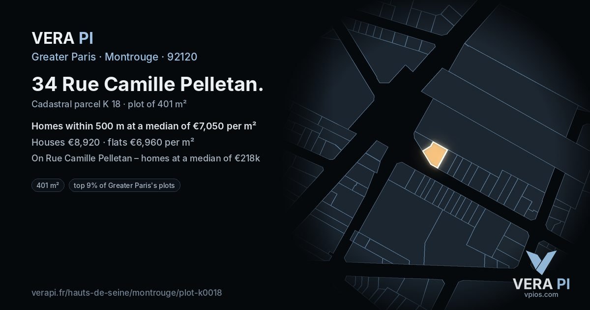 34 Rue Camille Pelletan, Montrouge at night – the plot lit, the parcels around coloured by the prices near them