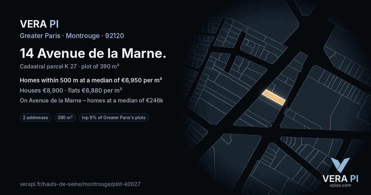 14 Avenue de la Marne, Montrouge at night – the plot lit, the parcels around coloured by the prices near them
