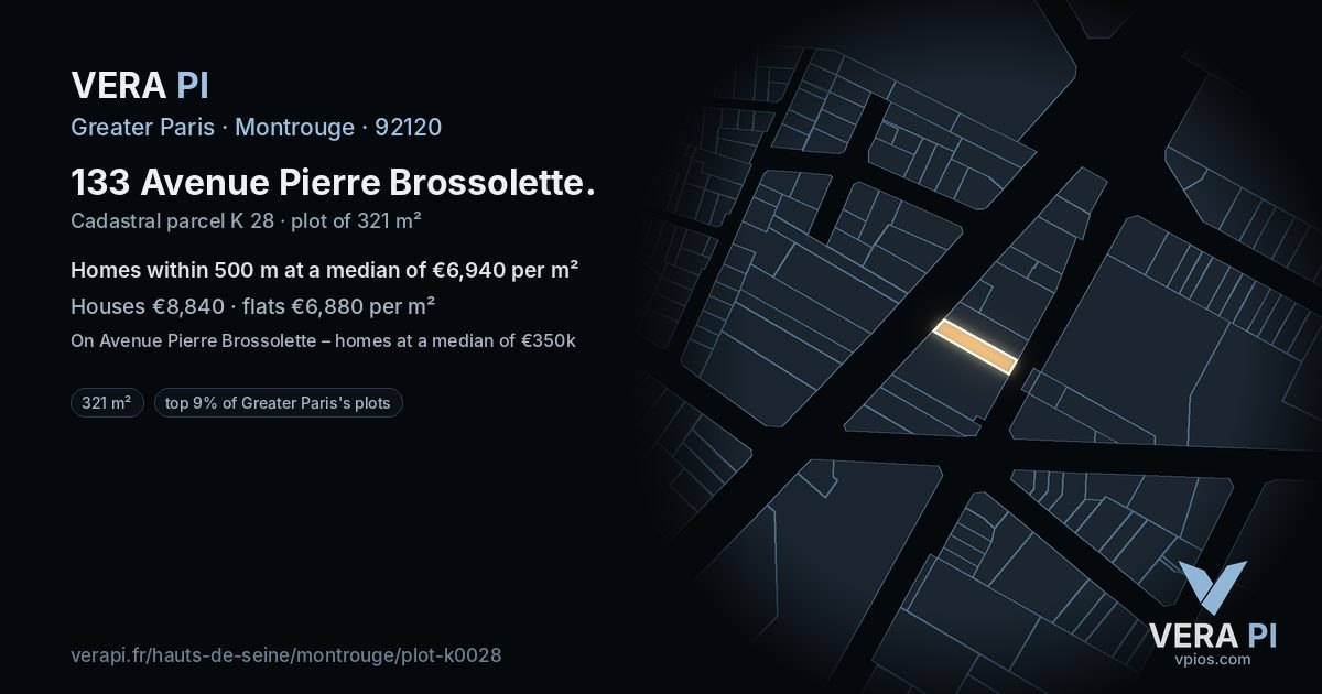 133 Avenue Pierre Brossolette, Montrouge at night – the plot lit, the parcels around coloured by the prices near them