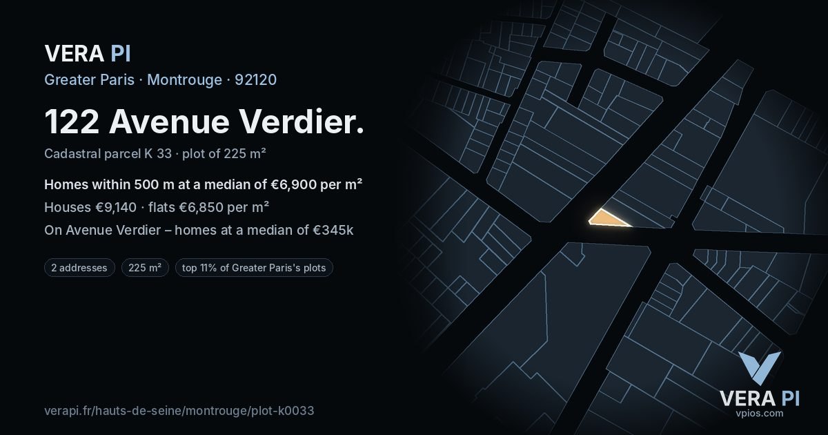 122 Avenue Verdier, Montrouge at night – the plot lit, the parcels around coloured by the prices near them