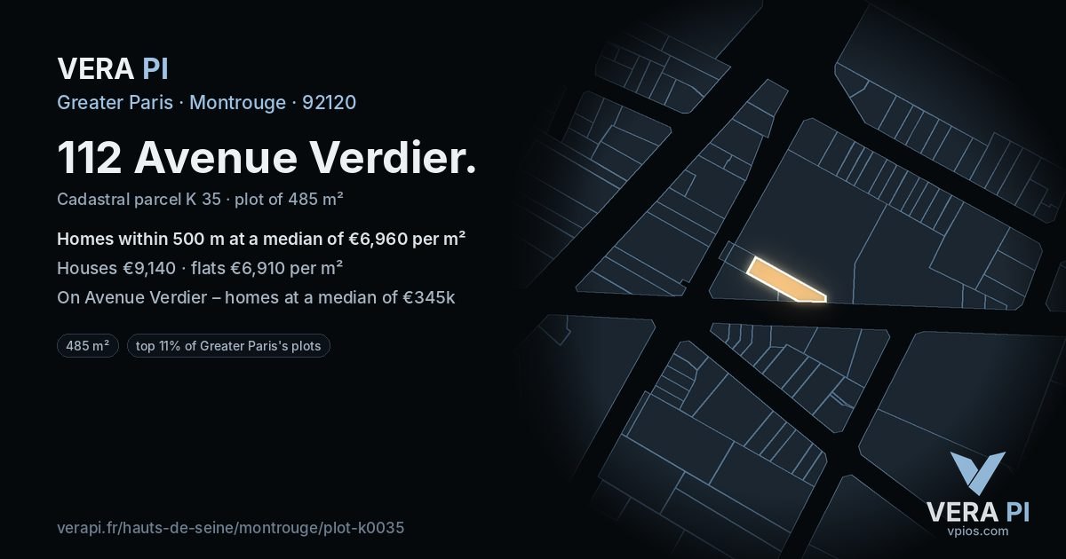 112 Avenue Verdier, Montrouge at night – the plot lit, the parcels around coloured by the prices near them