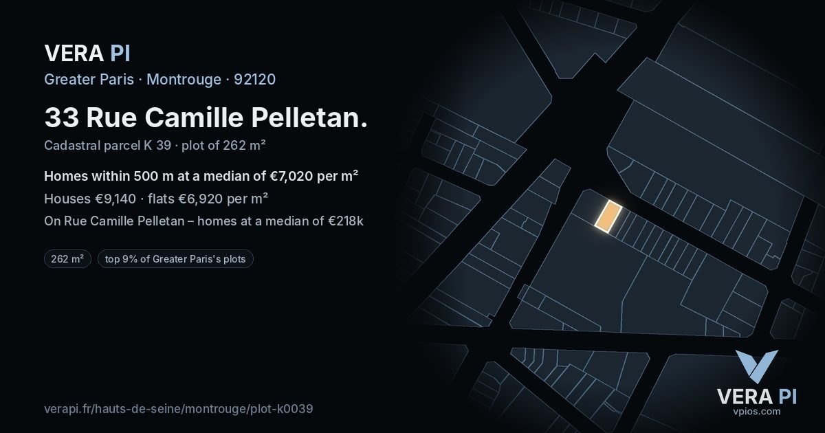 33 Rue Camille Pelletan, Montrouge at night – the plot lit, the parcels around coloured by the prices near them