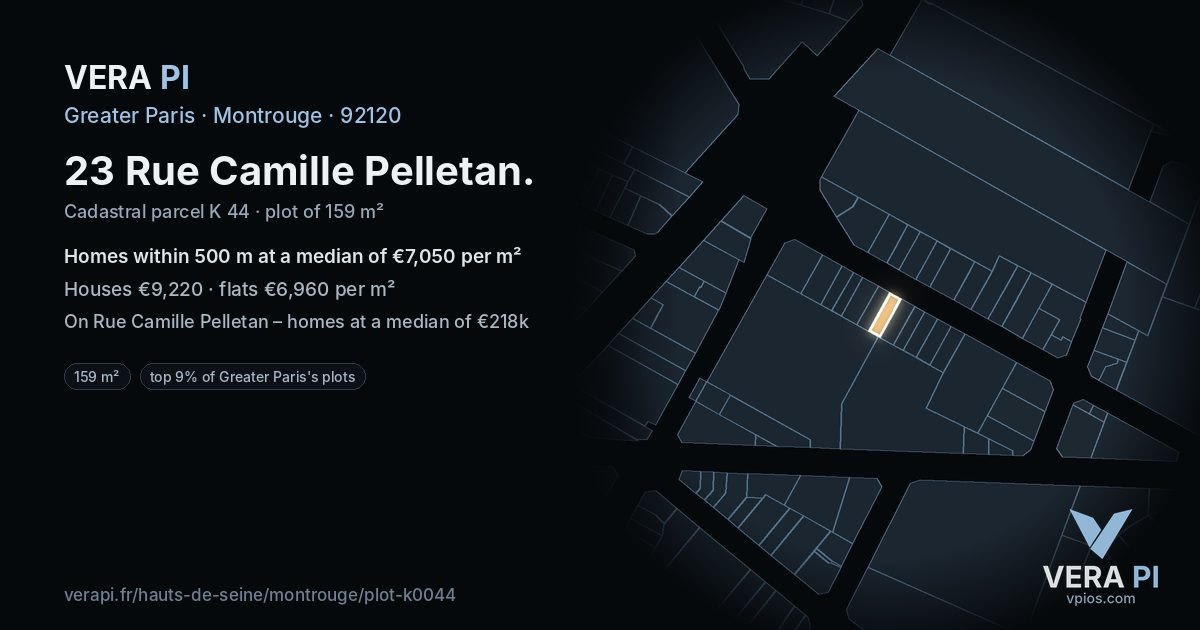 23 Rue Camille Pelletan, Montrouge at night – the plot lit, the parcels around coloured by the prices near them
